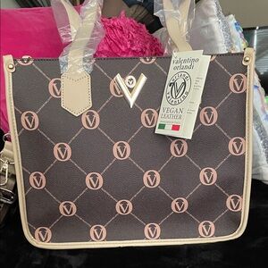 Valentino Orlandi Brown Tote with Pink Logo Pattern and Cream Trim